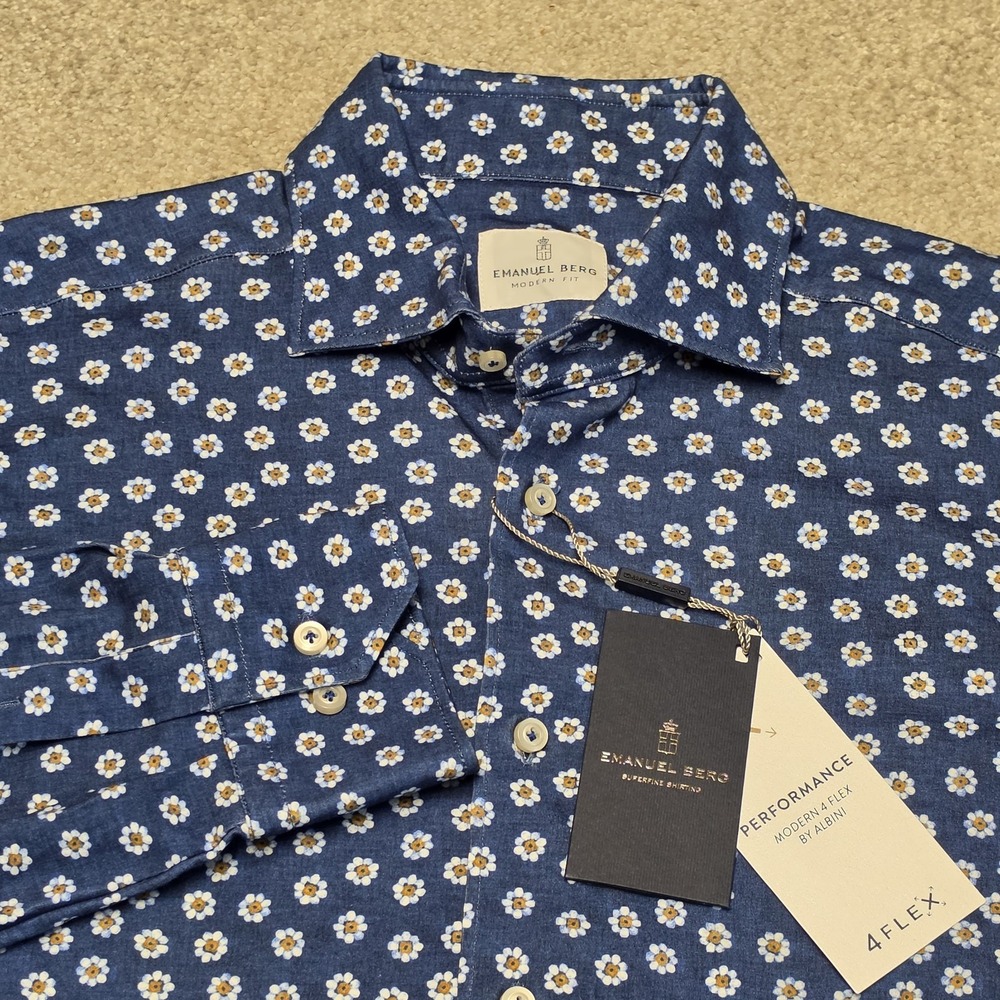 Emanuel Berg Mens 40 15.75 M 4Flex Floral Performance Shirt Blue NWT $278